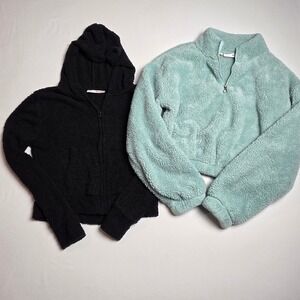 Girls So Sherpa Black Zip Up Hoodie & Quarter Zip Aqua Pullover Set of 2 Size S